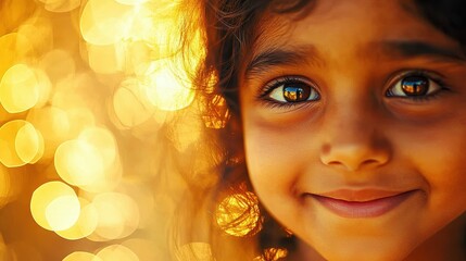 Fototapeta premium Close-up portrait of a smiling girl, golden bokeh background. Perfect for themes of childhood, joy, and innocence.