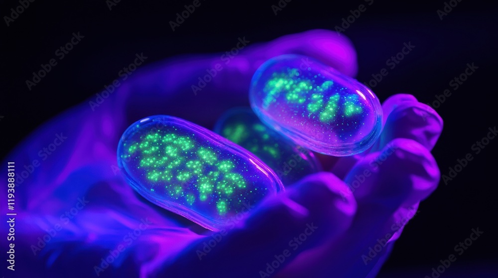 Aufkleber glowing bacteria in capsules illuminated by ultraviolet light in a laboratory setting during nightti