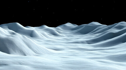 Undulating Snowscape Under Starlit Sky, A serene winter landscape, featuring smooth, rolling hills of snow under a dark, starry night sky.