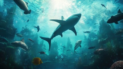 Fototapeta premium Underwater Scene with Sharks and Colorful Fish in Ocean Depths