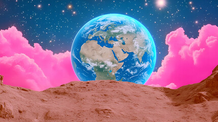 Cosmic Planetrise over Martian-like Landscape, Pink Clouds Drifting Above, Vivid Colors Showcase Surreal Beauty