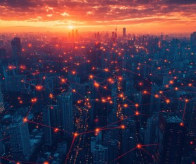 Fototapeta premium Aerial View of a Vibrant Cityscape at Sunset with Network Connections Illustrating Urban Connectivity and Technological Advancement in Modern Cities