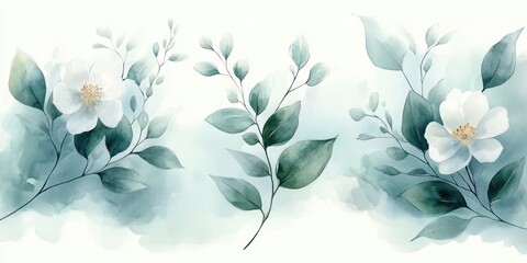 Watercolor Green Leaves and White Flowers Illustration Collection for Decoration, Background, Wedding Stationary, Greeting Cards and Fashion