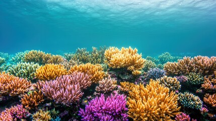 Naklejka premium Vibrant Coral Reef Underwater Scene with Colorful Marine Life