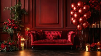 Romantic interior of a living room decorated for Valentine's Day, with a sofa, balloons, and fresh flowers for a festive touch.