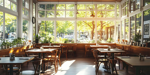 Fototapeta premium Sunlit Restaurant Interior, Tables Set for a Bright, Cheerful Meal with Wooden Chairs and Abundant Sunlight Streaming Through Large Windows.