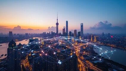 Naklejka premium Aerial View of Shanghai Skyline at Sunset with Digital Connections Representing Global Networking and Urban Development in a Vibrant Cityscape