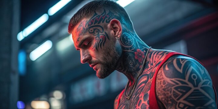 A striking portrait of a man adorned with tattoos where the neon reds and blues vividly accentuate the ink on his skin. The contrast of the light brings forward the complexities of