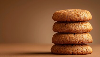 A stack of four freshly baked oatmeal cookies on a brown background, with space for text.