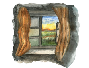 Watercolor illustration of a window with a view of the sunset.