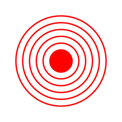 Red concentric circles with dot in center. Target, aim, goal concept. Pain localization, sore or inflammation symbol. Pulse or headache sign. Sound, radar or sonar wave pictogram. Vector illustration.