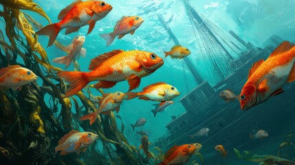Vibrant Underwater Scene with Colorful Fish and Sunken Shipwreck