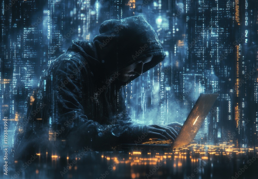 Aufkleber anonymity in the digital realm: a hooded figure using a laptop surrounded by glowing binary code and