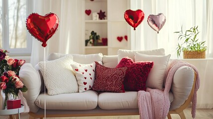 Valentine's Day decor in a living room, featuring a cozy sofa, heart-shaped balloons, and roses for a romantic celebration.