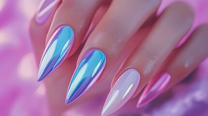 Naklejka premium Young woman's hand with colorful, innovative nail shapes, posed elegantly against a soft light background for a trendy manicure concept.