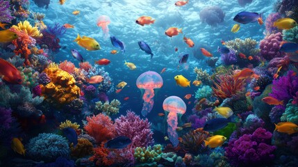 Obraz premium Underwater Scene with Jellyfish and Vibrant Coral Reef Ecosystem