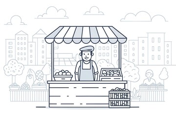 Naklejka premium Cheerful Vendor at a Fruit Stand in a Lively Urban Setting with Simple Line Art Design, Surrounded by Trees and Buildings, Offering Fresh Produce to Passersby