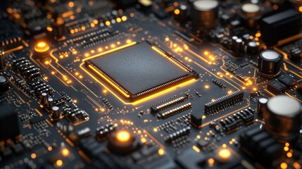 Glowing CPU on circuit board with electronic components.