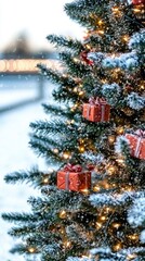 Snowy Christmas Tree with Gifts   Lights  Winter Holiday Scene