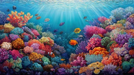Fototapeta premium Vibrant Coral Reef Scene with Colorful Fish and Sunlight Above Water