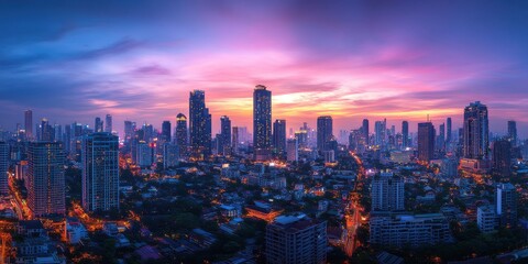 Fototapeta premium Breathtaking Urban Skyline at Dusk with Vibrant Colors and Majestic City Lights Reflecting on Modern Architecture in an Enchanting Evening Landscape