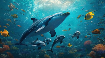 Obraz premium Underwater Scene with Dolphins and Colorful Marine Life in Ocean