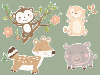 Obraz premium Adorable Cartoon Animals Playing in a Lush Green Setting