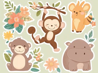 Adorable Jungle Animals with Floral Decorations