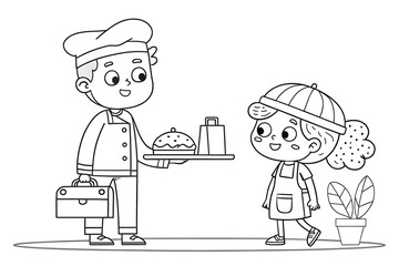 Smiling Chef Serving Delicious Burger to Happy Child in Cartoon Style, Promoting Culinary Joy and Friendly Dining Experiences for Young Food Enthusiasts