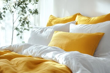 Obraz premium White and mustard yellow linen bedding, creating a cozy and stylish bedroom. Perfect for showcasing home decor, interior design, or promoting sleep products.
