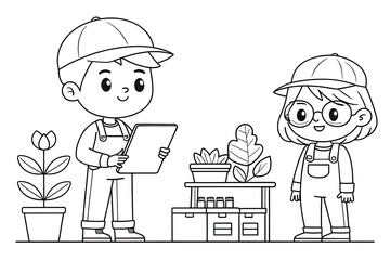 Illustrative Scene of Two Children Engaged in Gardening Activities with Plants and Gardening Supplies in a Playful Coloring Book Style
