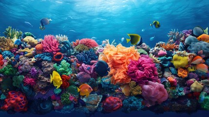 Naklejka premium Vibrant Underwater Scene with Colorful Coral Reef and Fish