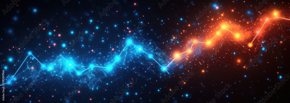 Poster colorful abstract background with blue and orange particles representing data visualization trends i