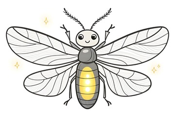Cute cartoon firefly with a smiling face, sparkling wings, and glowing abdomen, perfect for children's illustrations, summer themes, and whimsical designs in various art projects.
