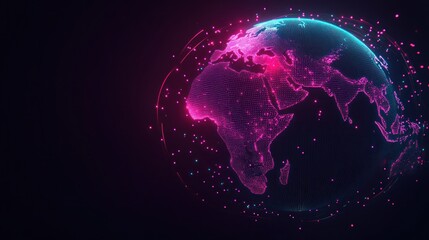Glowing digital Earth in space, data streams, dark background, for tech visualization.
