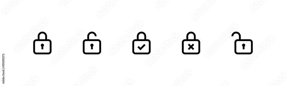 Poster lock icons vector set. locked, unlocked, and access denied states with checkmarks, ticks, and cross 
