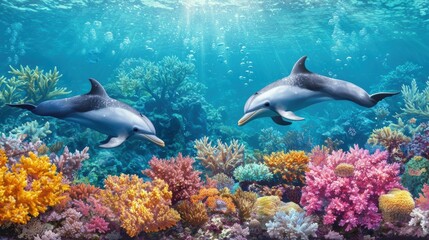 Naklejka premium Two Dolphins Swimming Among Vibrant Coral Reef Underwater Scene