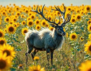 A Caribou in a field of tall sunflowers with its fur fluffed up against the wind , sunflowers, animal behavior