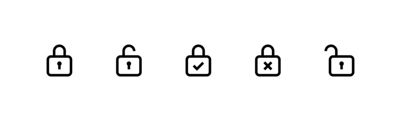 lock icons vector set. locked, unlocked, and access denied states with checkmarks, ticks, and cross symbols. for security, access, verification, approval,denial and privacy settings