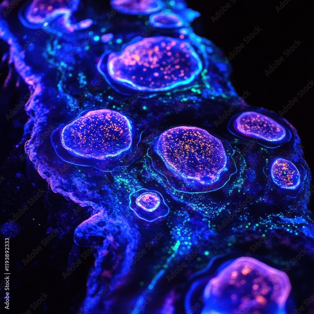 Aufkleber Glowing bacteria illuminated under ultraviolet light showcasing vibrant colors and intricate patterns in a dark environment. Generative AI