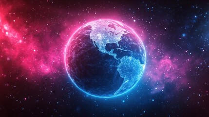 Fototapeta premium Glowing Earth in vibrant nebula, stars backdrop.
