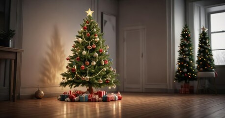 A Christmas tree decorated with ornaments and lights, Holiday Cheer, Festive Atmosphere, Elegant Presentation