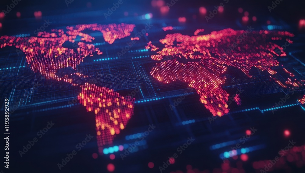 Poster digital world map with data visualization in red and blue colors representing global connectivity an