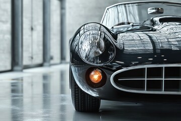 Vintage Black Sports Car in Minimalist Garage with Reflections and Shallow Depth of Field