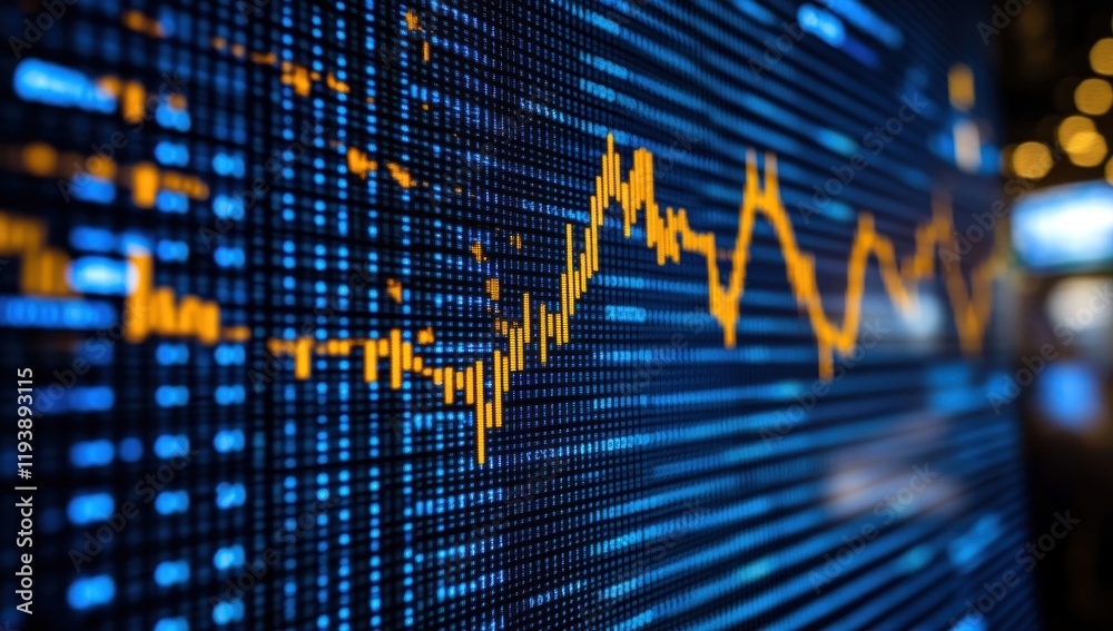 Poster dynamic stock market graph displaying fluctuating trends with bright orange line against a dark back