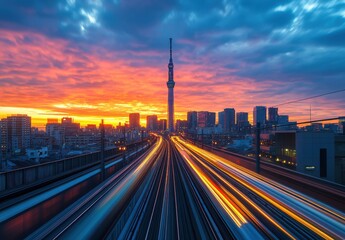 Fototapeta premium Dynamic Sunset Over Cityscape with Skyscrapers and Tall Tower Illuminated by Warm Light, High-Speed Train Tracks in Foreground, Vibrant Cloudy Sky