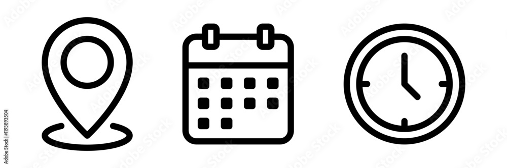 Fototapete Address location icon. Stopwatch timer icon. Date Calendar icon - Web icons set