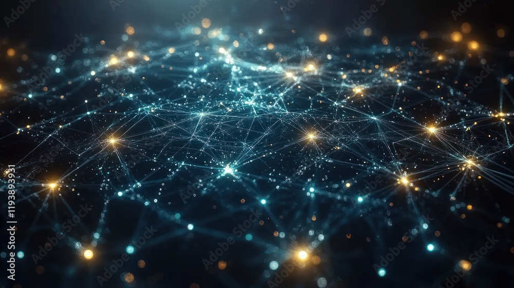 Wall mural glowing network connections on dark background with bokeh.