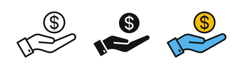 hand holding coin vector set, symbolizing money, payments, savings, donations, investments, payments, money savings and financial transactions in line art, filled, and color