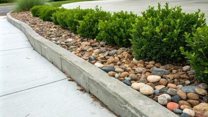 Obraz premium A concrete edging separates the lush green shrubs from a collection of colorful pebbles, natural stone, hardscape design, concrete edging, gardening design, pebble garden